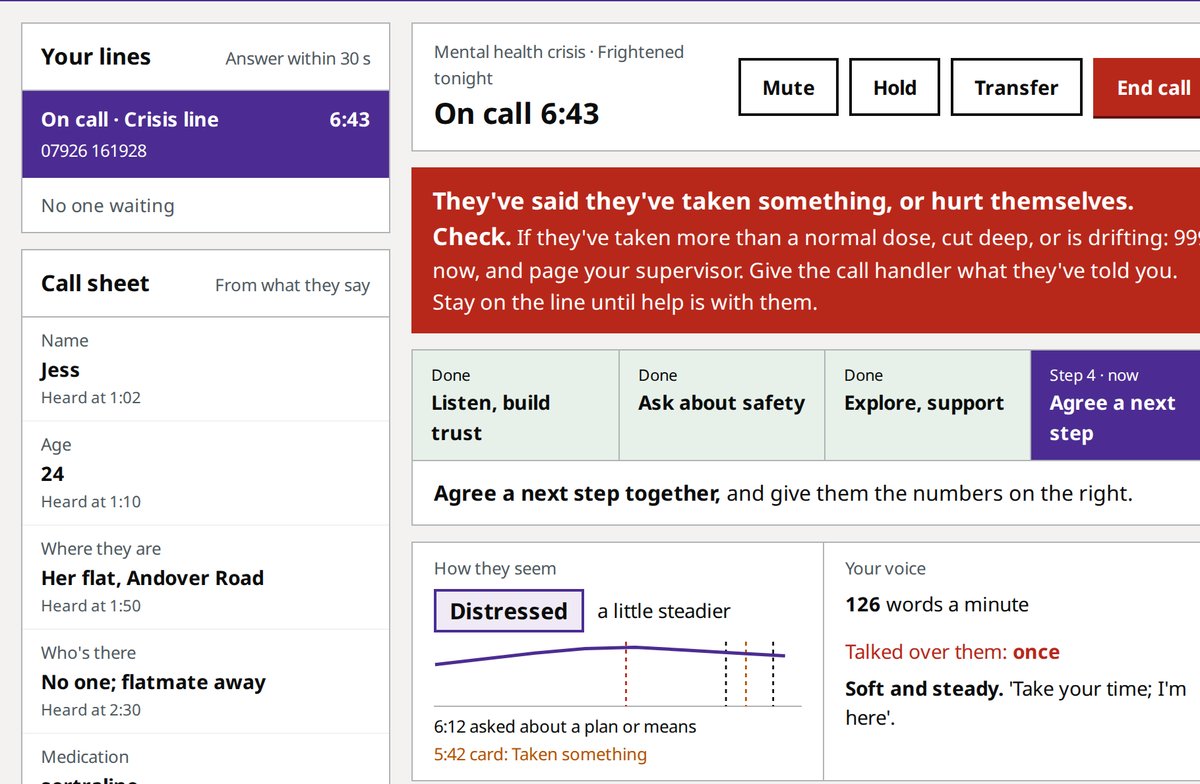 A crisis line call: the call sheet, a red alert, the checklist and an action card