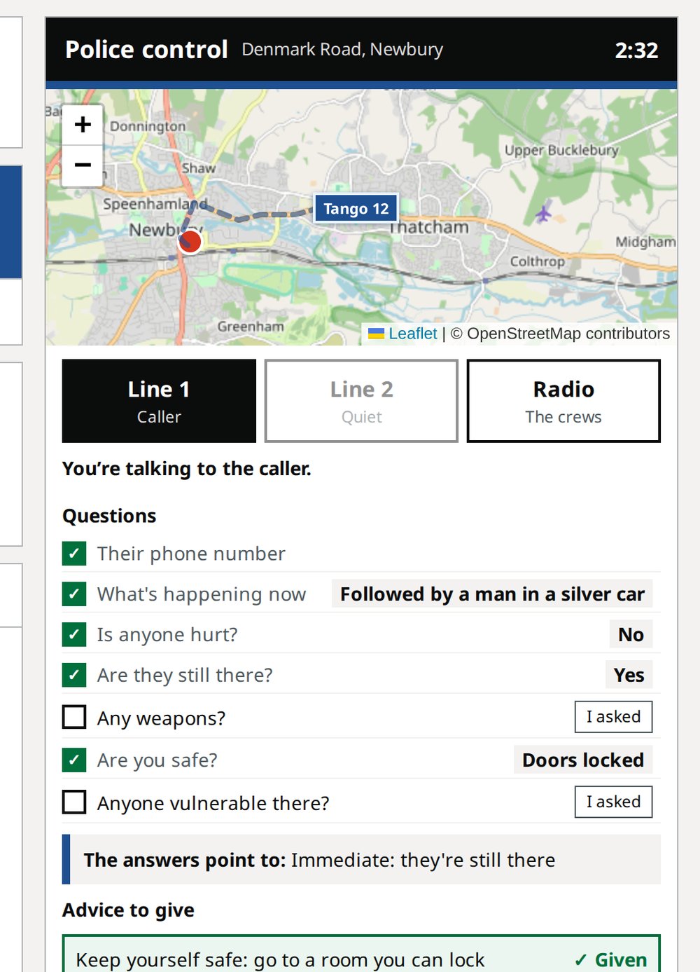 The police control board: the caller's location confirmed on the map, a unit on its way, the questions answered
