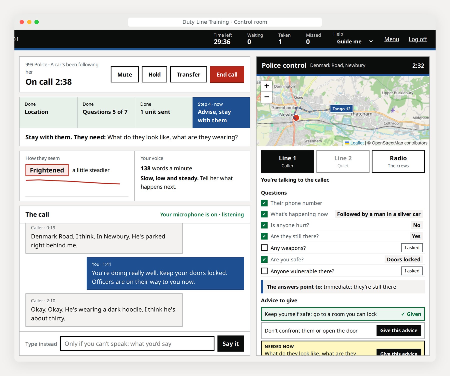 The Duty Line Training control room: a 999 police call with the caller's location confirmed, a unit on its way on the map, the call sheet and the questions answered; the conversation with the caller.