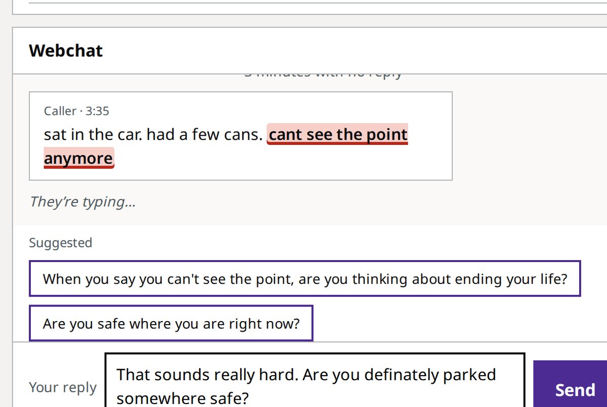 A webchat: a message with the trigger words highlighted, the caller typing, and suggested replies